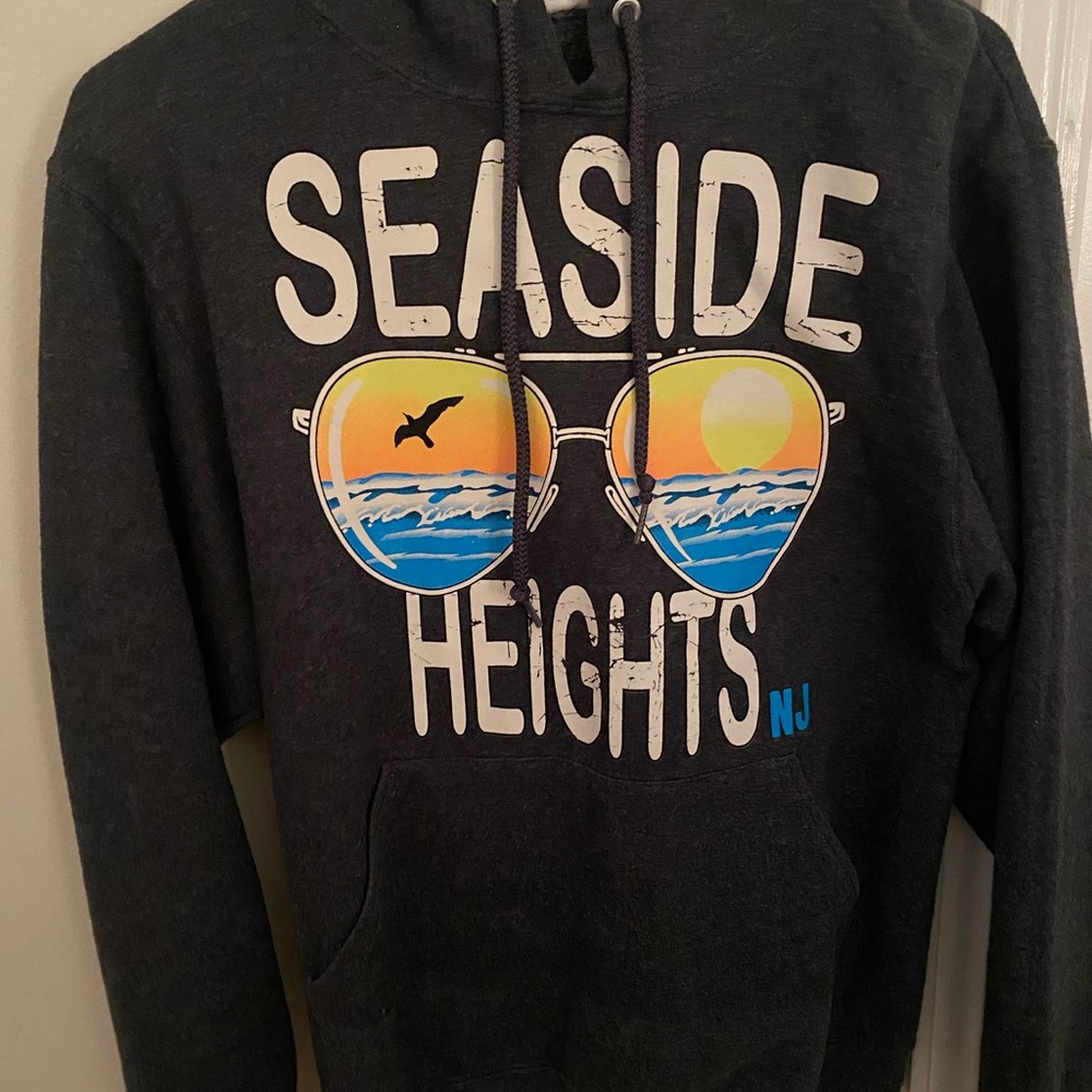 dark gray sweatshirt with Seaside Heights graphic on front